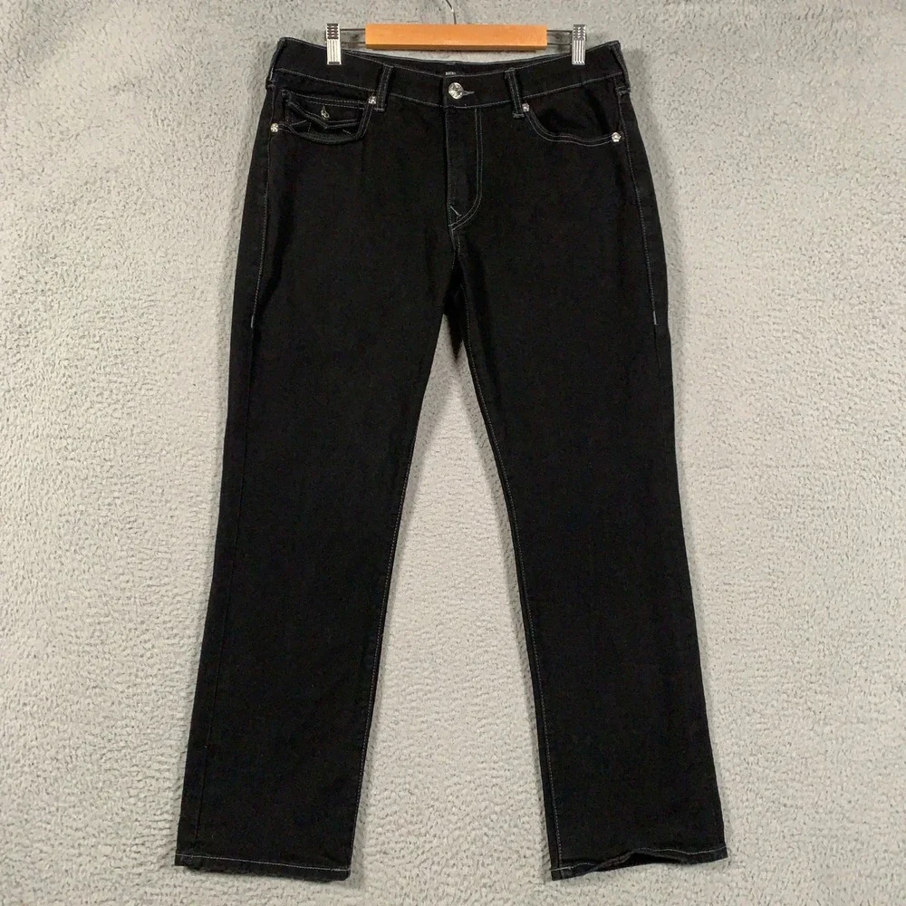 True Religion Ricky Flap Relaxed Straight Jeans Mens 34 Black Contrast Stitch 30